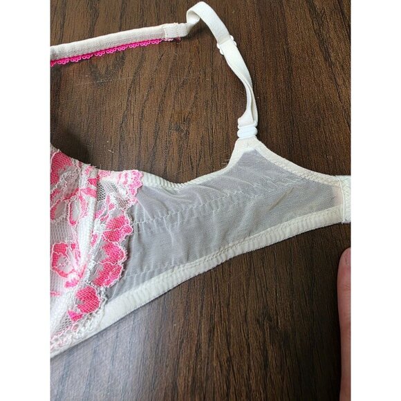 Pink & White Floral Lace Underwire Bra With Adjustable Straps & Mesh Sides Size - Picture 6 of 12
